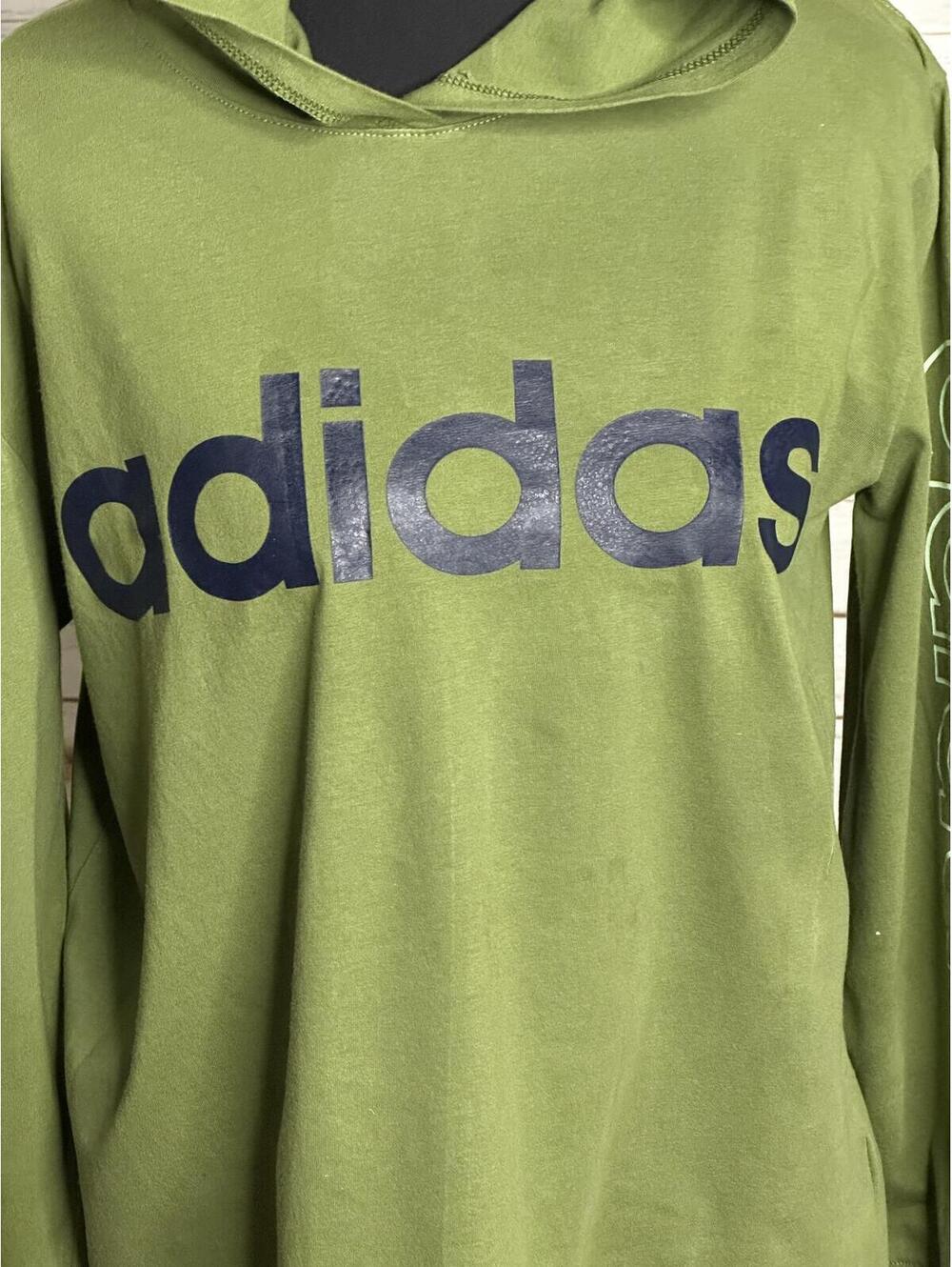 Adidas olive green cotton logo graphic hooded long sleeve t-shirt Youth L(14-16) - Picture 2 of 6